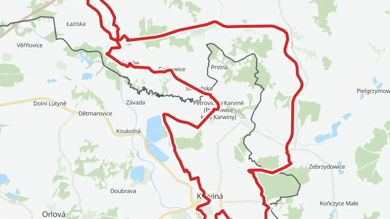 Mapa z zaznaczonymi trasami rowerowymi Śląsk, prowadzącymi przez Łaziska, Karvinę i Jastrzębie-Zdrój.