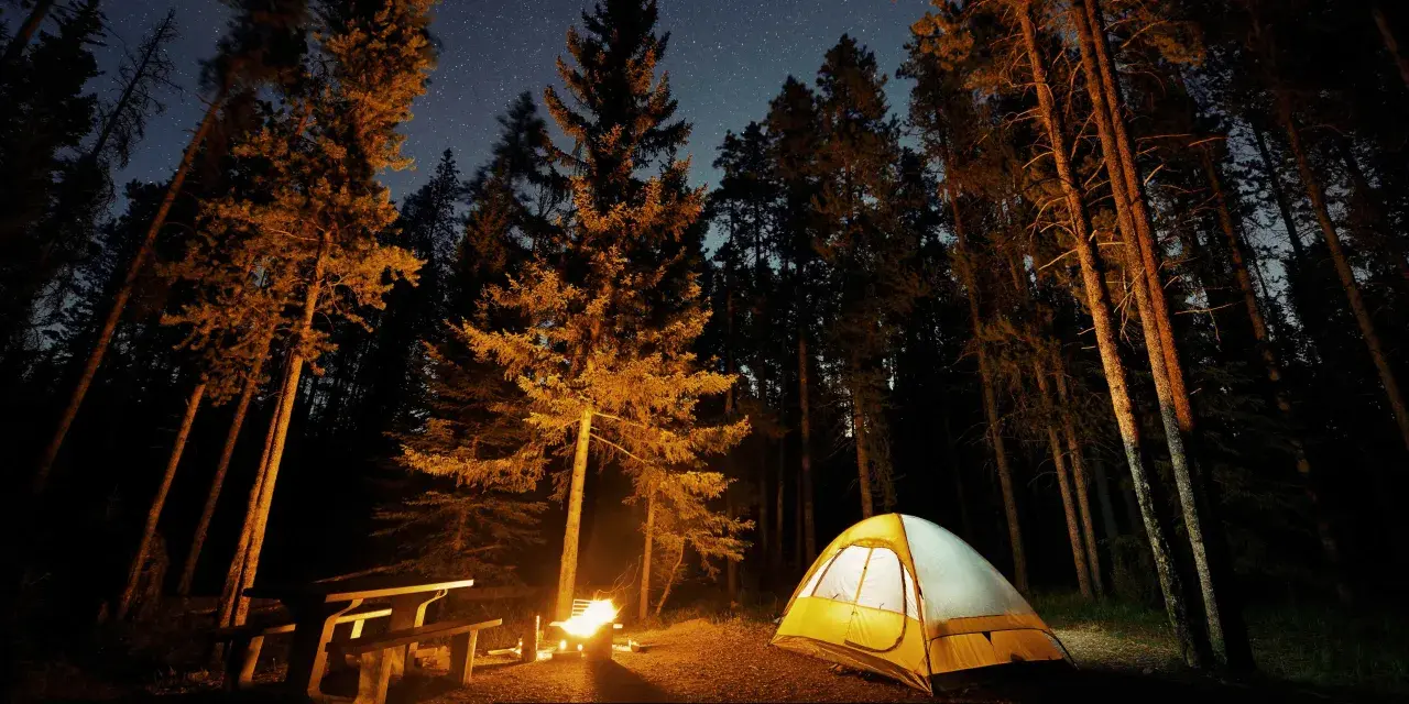 Nocne pole namiotowe nad jeziorem. Rozświetlony namiot, ognisko i ławka wśród drzew pod rozgwieżdżonym niebem.