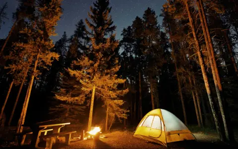 Nocne pole namiotowe nad jeziorem. Rozświetlony namiot, ognisko i ławka wśród drzew pod rozgwieżdżonym niebem.