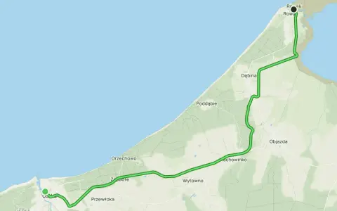 Mapa szlaku zwiniętych torów od Ustki przez Półwysep Helski do Rowów, wzdłuż wybrzeża Bałtyku i jeziora Gardno.