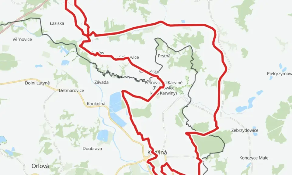 Mapa z zaznaczonymi trasami rowerowymi Śląsk, prowadzącymi przez Łaziska, Karvinę i Jastrzębie-Zdrój.